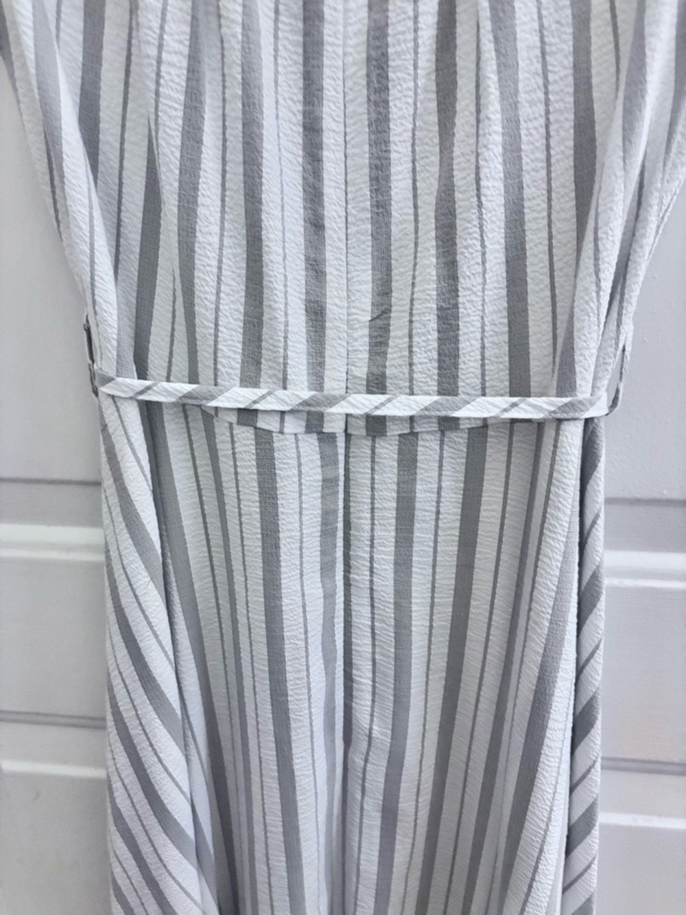 Calvin Klein Striped Faux-Wrap Maxi Dress in White and Light Gray - Picture 5 of 9